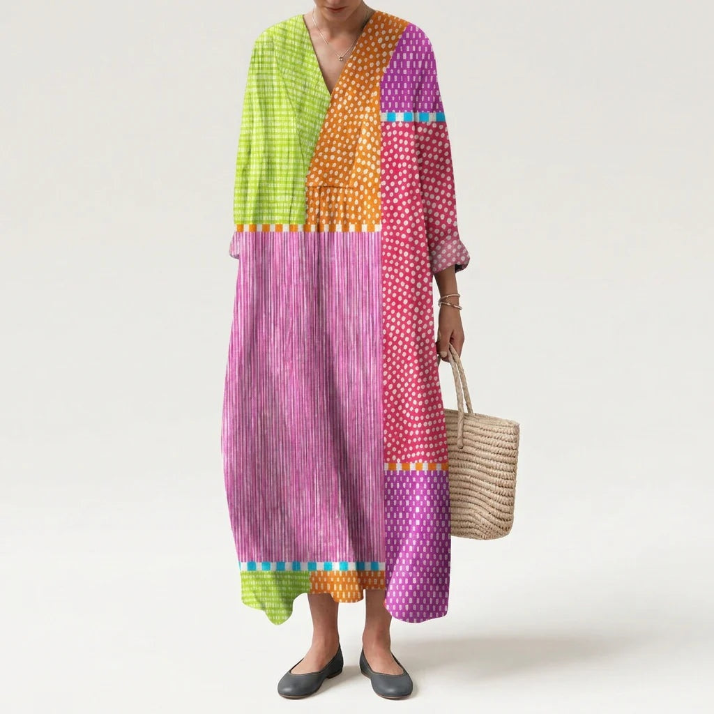 Esther | Vestido Largo de Verano Geométrico Estampado Patchwork Mujer Escote V