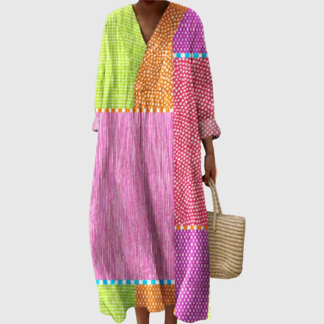 Esther | Vestido Largo de Verano Geométrico Estampado Patchwork Mujer Escote V