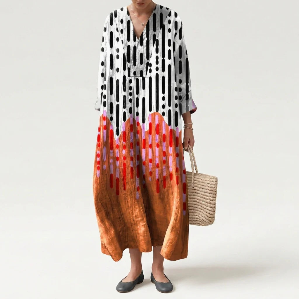 Esther | Vestido Largo de Verano Geométrico Estampado Patchwork Mujer Escote V