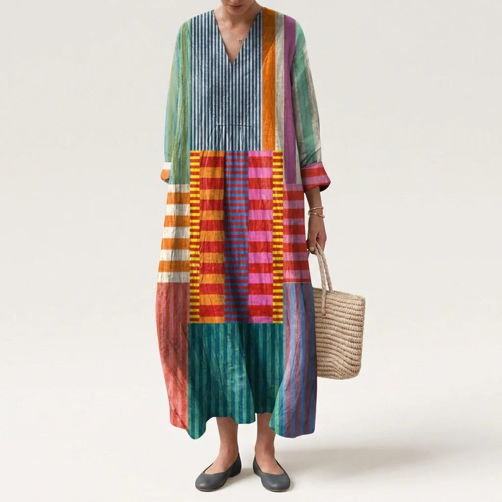 Esther | Vestido Largo de Verano Geométrico Estampado Patchwork Mujer Escote V