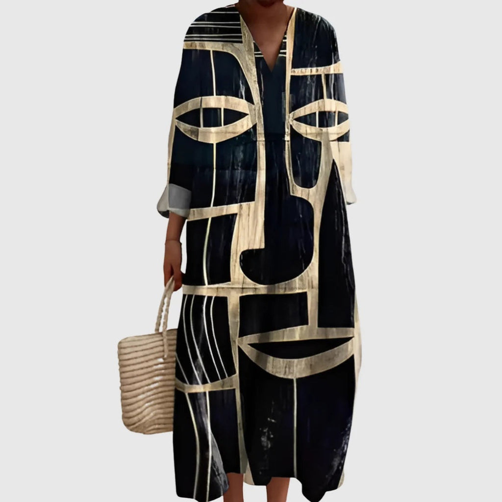 Esther | Vestido Largo de Verano Geométrico Estampado Patchwork Mujer Escote V