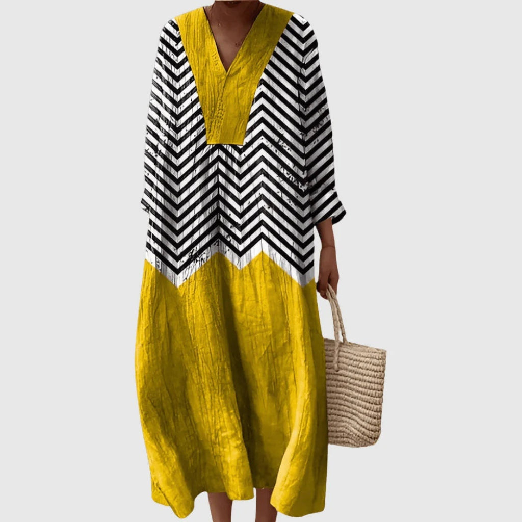 Esther | Vestido Largo de Verano Geométrico Estampado Patchwork Mujer Escote V