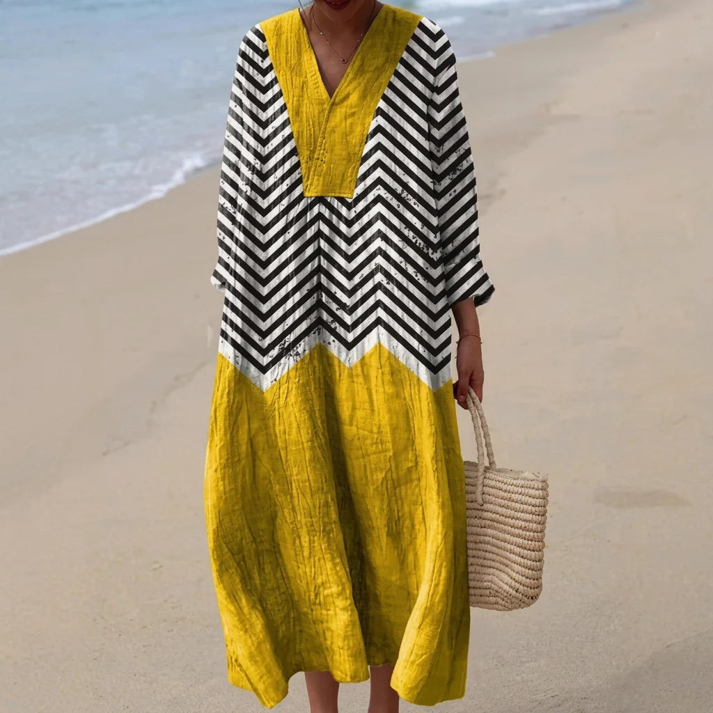 Esther | Vestido Largo de Verano Geométrico Estampado Patchwork Mujer Escote V