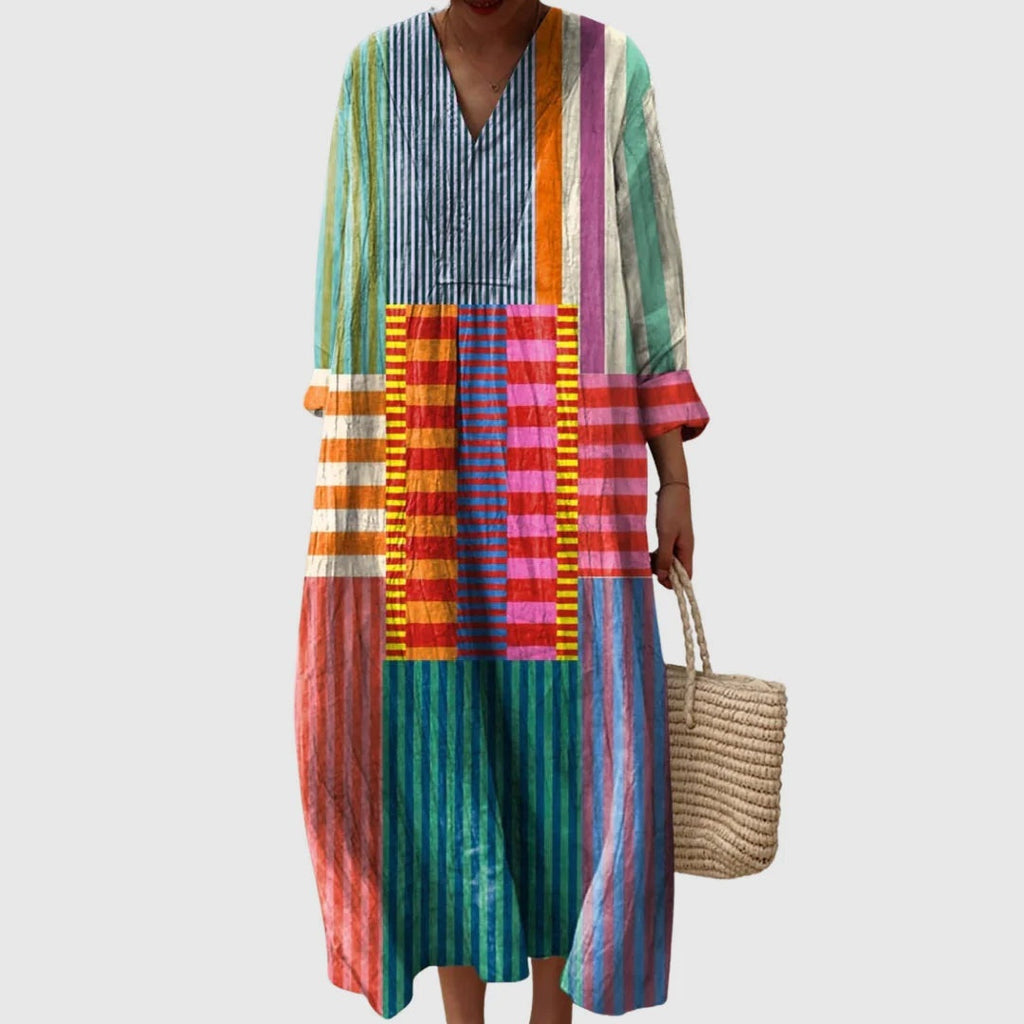 Esther | Vestido Largo de Verano Geométrico Estampado Patchwork Mujer Escote V