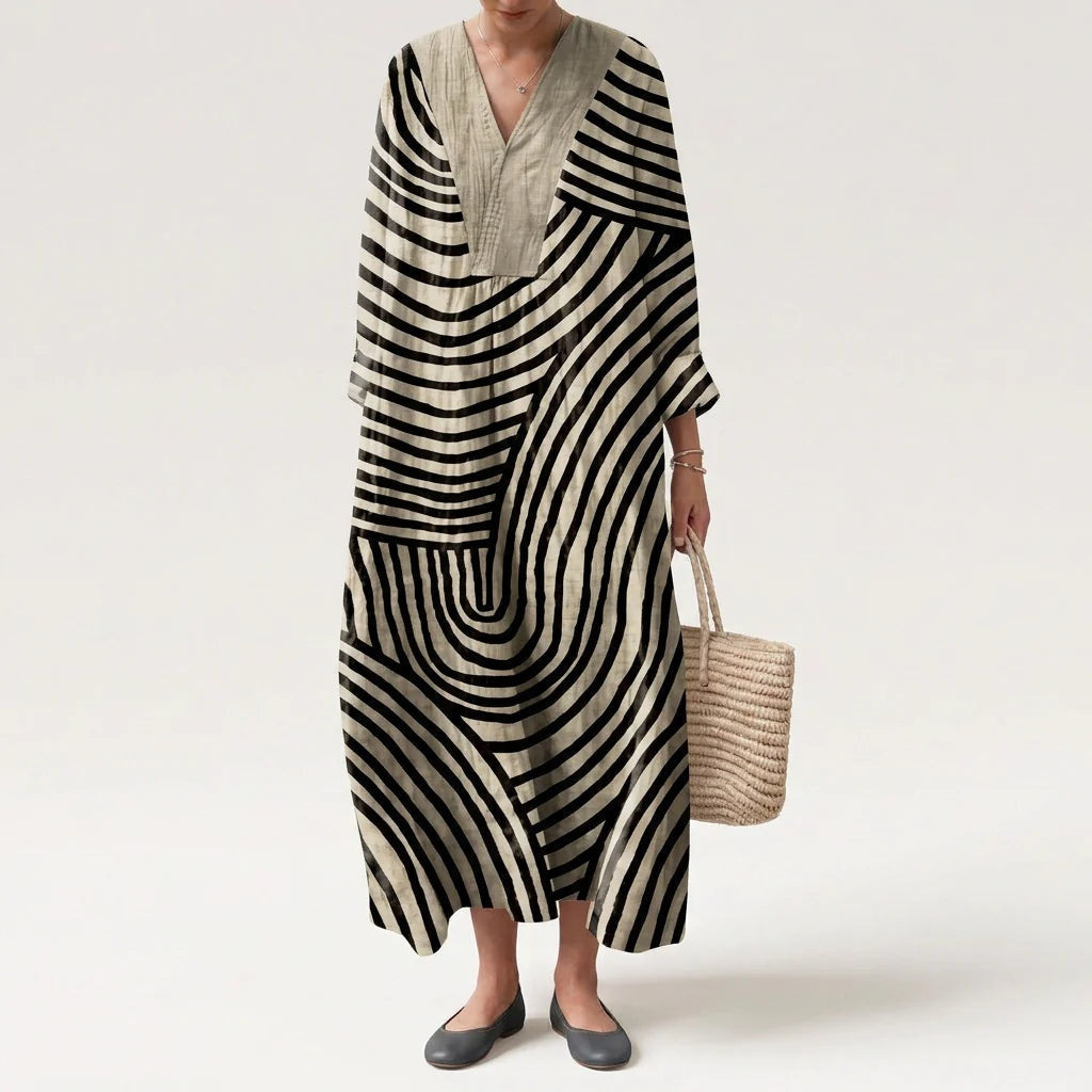 Esther | Vestido Largo de Verano Geométrico Estampado Patchwork Mujer Escote V