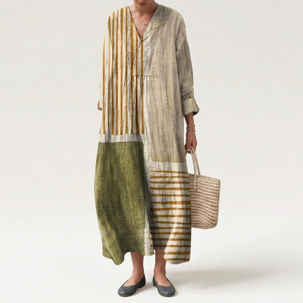 Esther | Vestido Largo de Verano Geométrico Estampado Patchwork Mujer Escote V