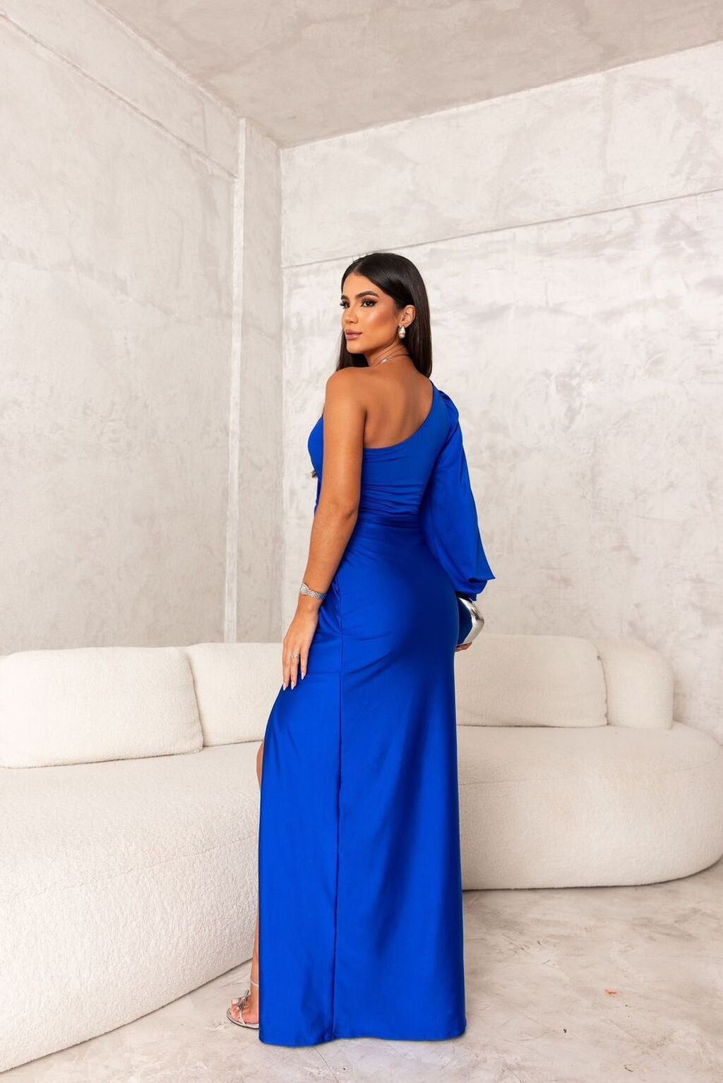 Vestido Lencero de Un Hombro Mujer Drapeado Abertura Lateral